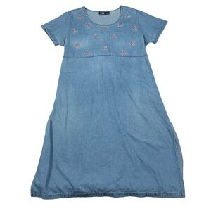 Vintage 90s CB Casual Plus Denim Butterfly Embroidered Maxi Dress Womens 3X Blue